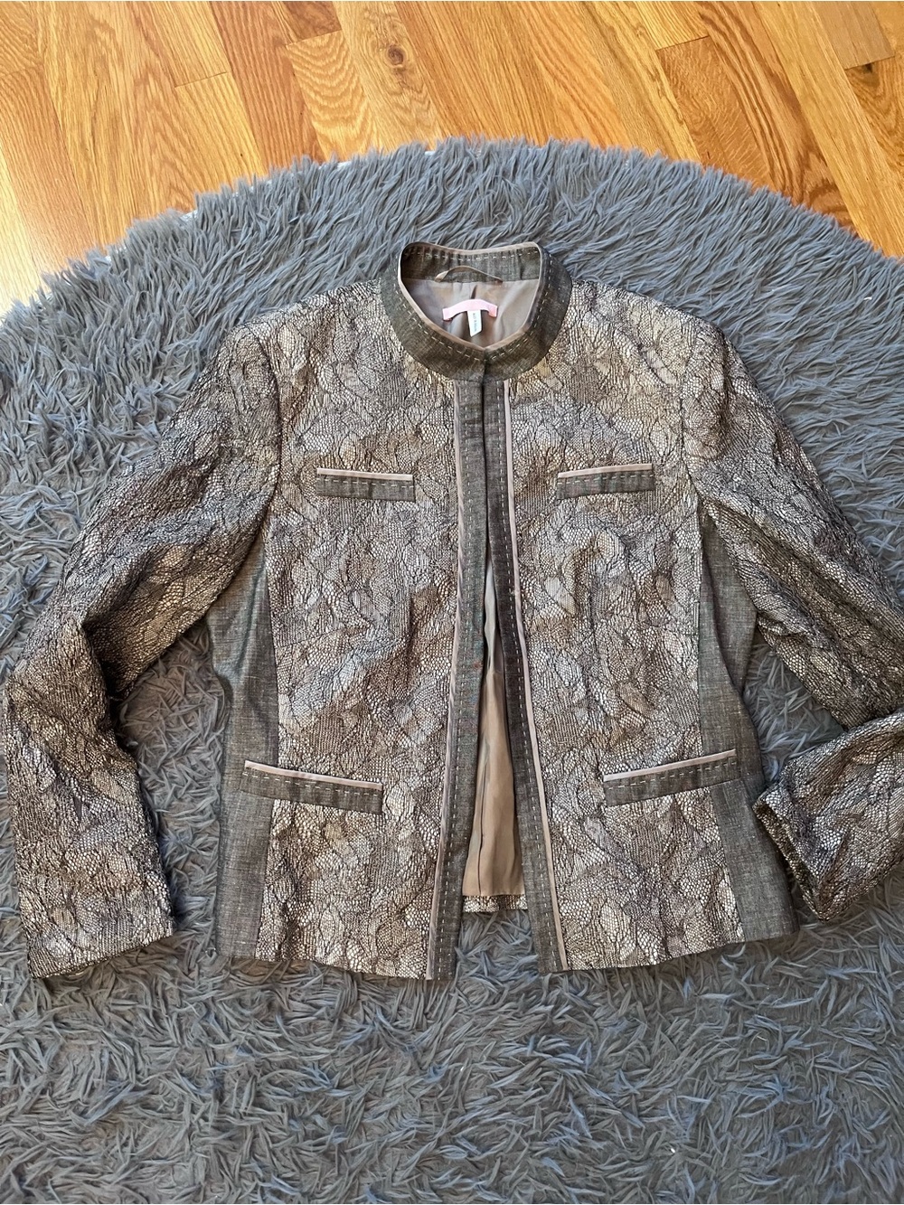 Basler Metallic Silver Lace-Overlay Wool Cotton Blazer Jacket Size 10